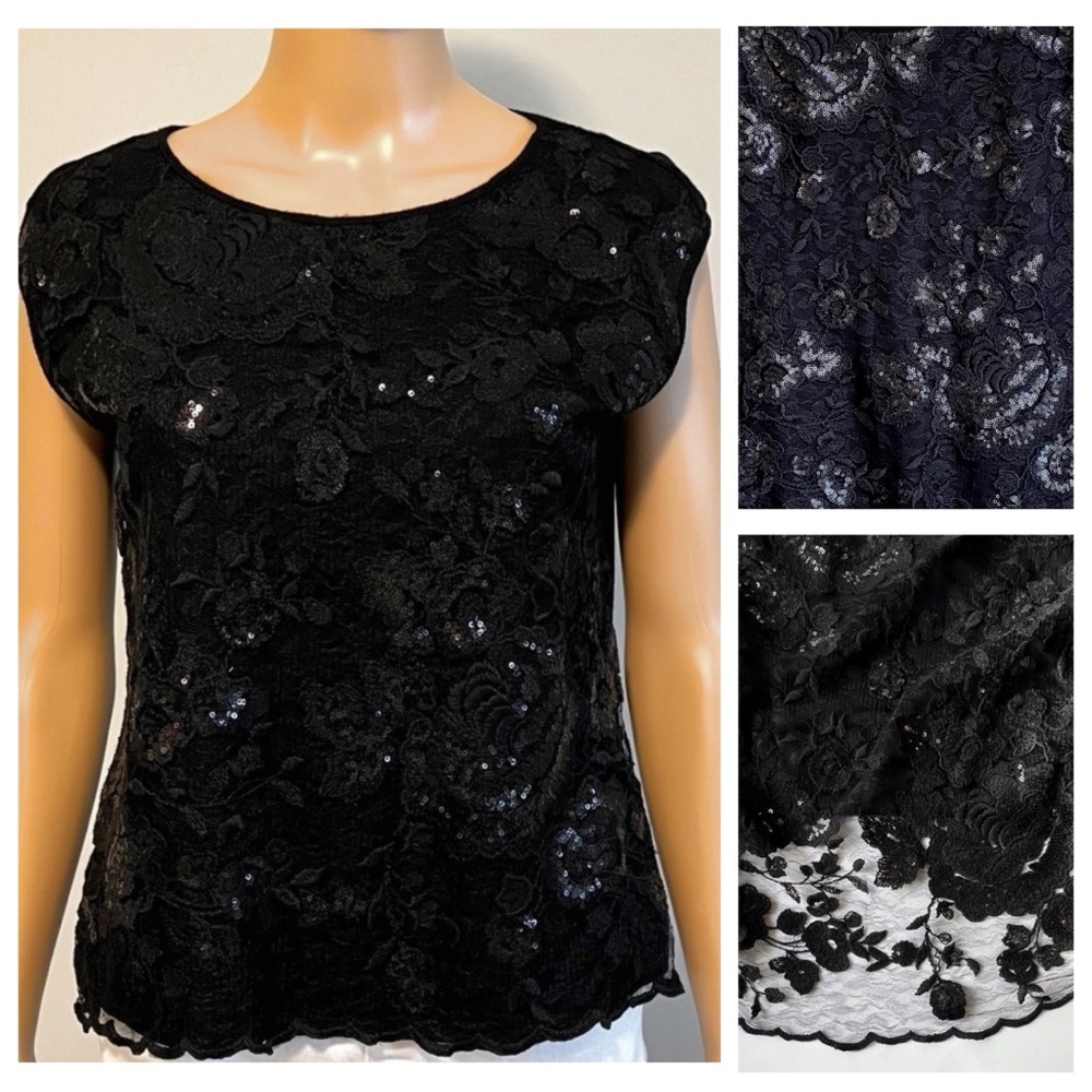 Vince Camuto Black Sequin Floral Lace Short Cap Sleeve Blouse Top Size XS/S